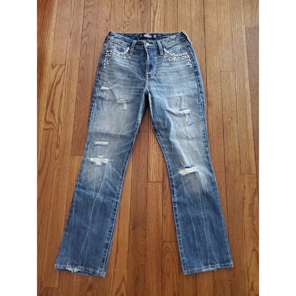 Hollister Hi Rise Vintage Straight Distressed Pearl Embellished Jeans sz 1 25x27